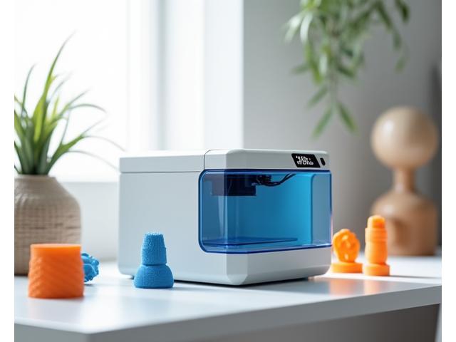 A compact, modern desktop 3D printer suitable for small businesses or home use, on a clean desk with some small 3D printed objects.
