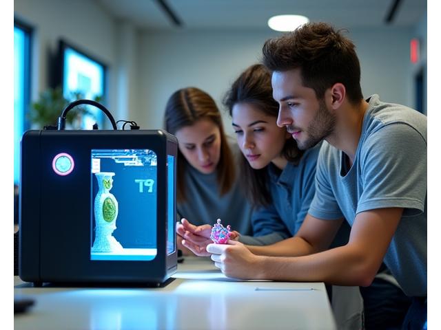 Students in a modern classroom or lab setting, actively engaged with a desktop 3D printer, learning about STEM concepts.