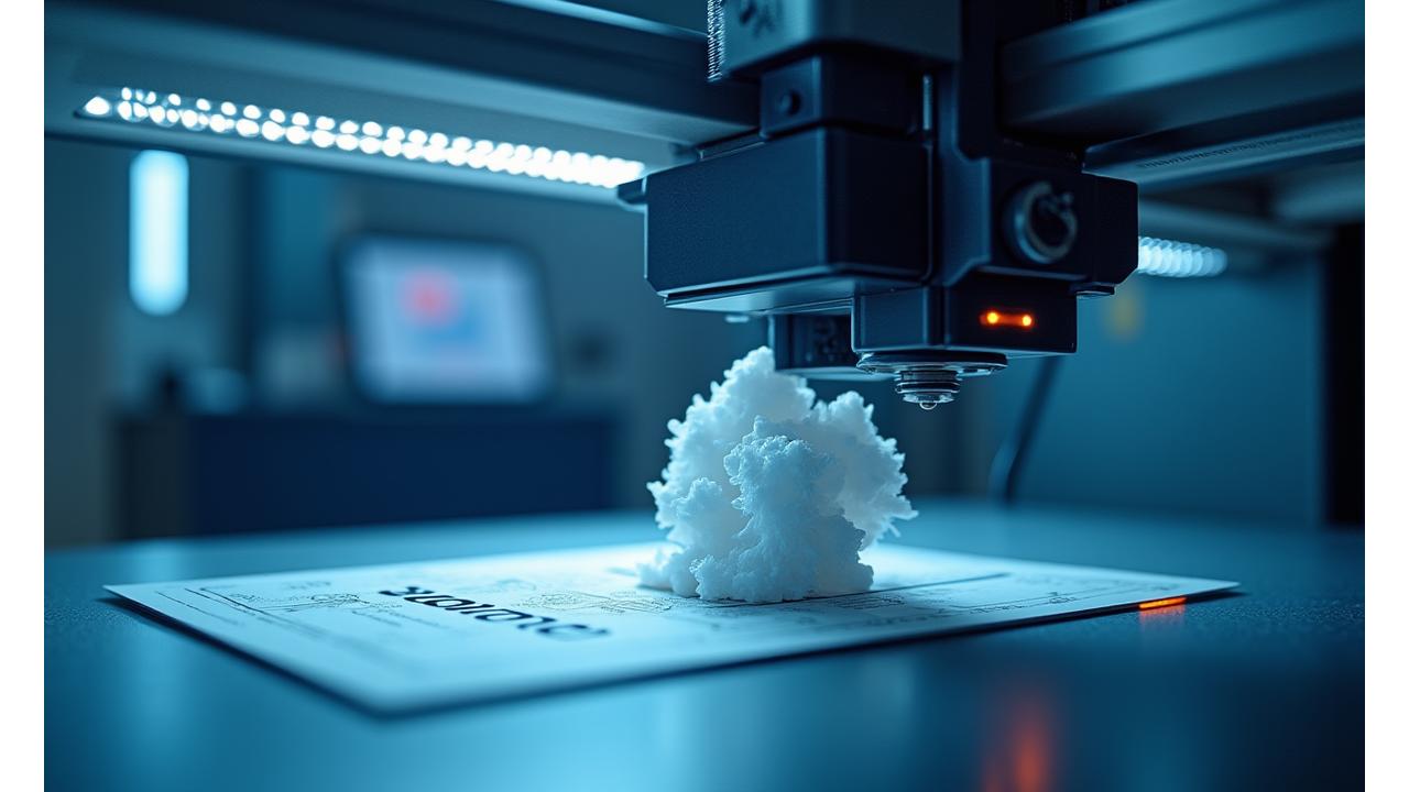 A modern 3D printer in action, extruding material to build a complex prototype, surrounded by various 3D printed objects and design blueprints.