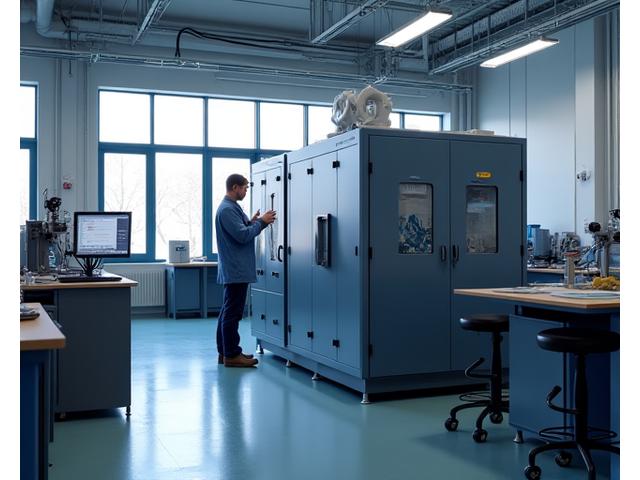 A large, industrial-grade 3D printer in a manufacturing facility, with an engineer inspecting its control panel.