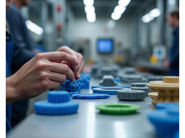 A factory setting where 3D printed molds or tools are being used in a short-run manufacturing process, showcasing efficiency.