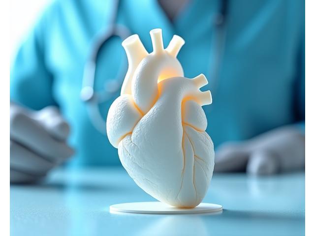 A highly detailed 3D printed anatomical model used for medical training or surgical planning, on a sterile background.