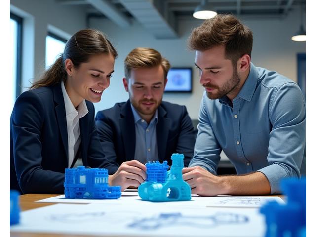 Engineers collaborating around a table, holding a 3D printed prototype of a new product design, brainstorming ideas.