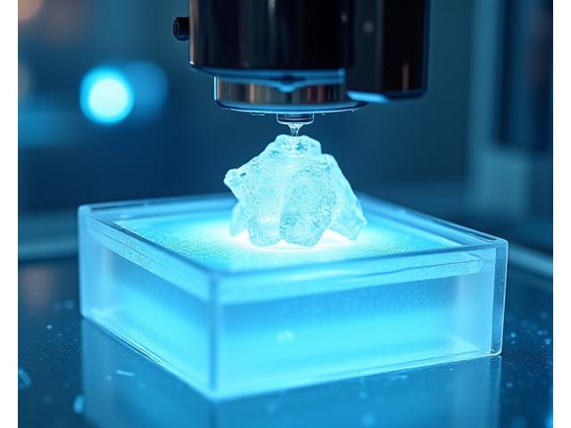 A SLA/DLP resin 3D printer curing liquid resin with UV light to form intricate, highly detailed medical models.