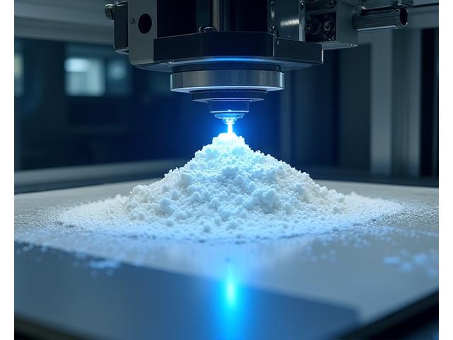 An industrial SLS powder-based 3D printer building complex functional prototypes from a bed of white nylon powder, with a laser system visible.