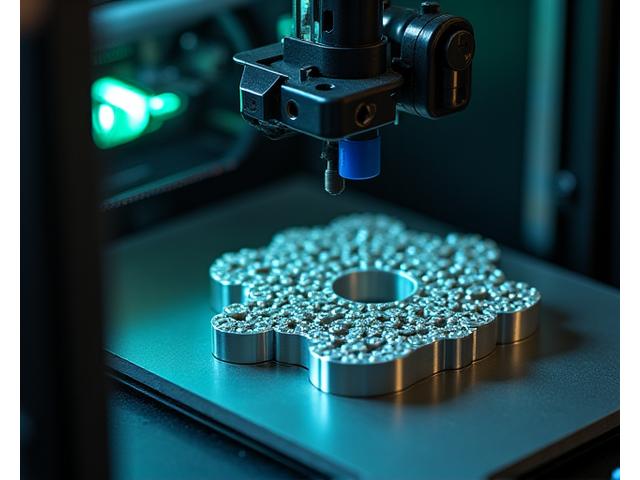 A specialized 3D printer designed for metal printing, showcasing intricate metal parts and a sophisticated enclosed print chamber.