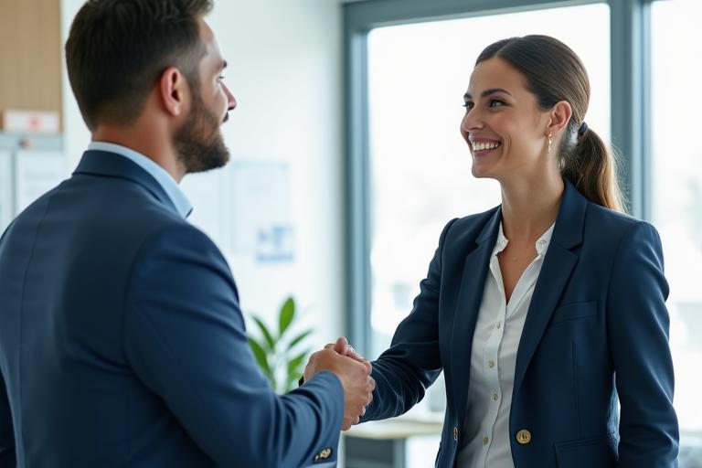 Two business professionals shaking hands, symbolizing customer satisfaction