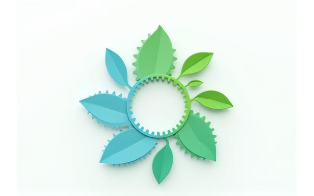 Abstract environmental sustainability graphic with gears and leaves