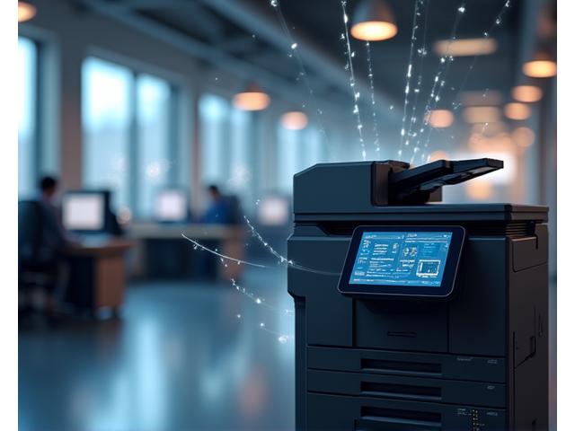 Futuristic smart printer with glowing AI interface and network lines
