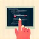 Hand pressing a start button with a monitor showing tech demos