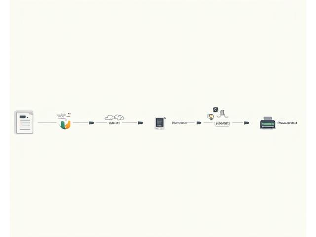 Diagram showing document flow automation from creation to print with smart routing and cloud integration