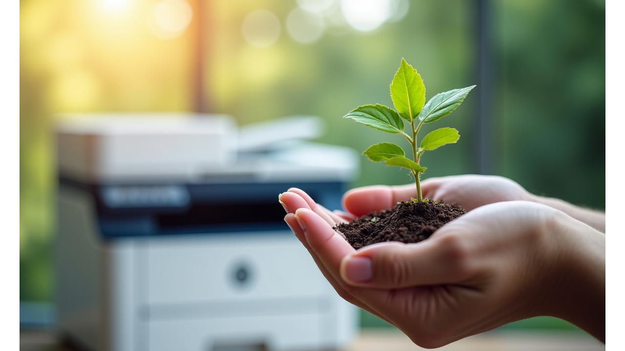 Hands holding a seedling sprout in front of a modern refurbished printer, symbolizing growth, technology, and environmental responsibility.