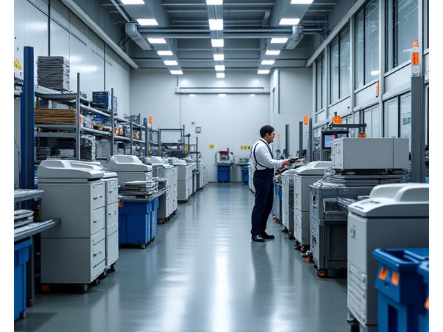 A stack of old printers neatly arranged in a clean, modern recycling facility, with workers in the background sorting materials, emphasizing organized and responsible e-waste management.