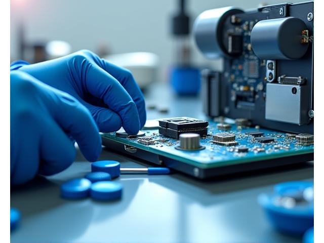 Close-up view of a technician's hands carefully working on components inside a printer, surrounded by tools and a clean workbench, emphasizing the precision and technical expertise in refurbishment.