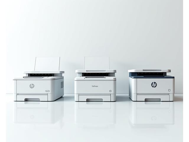 Modern office printers from HP, Canon, Samsung, Brother arranged perfectly, showcasing refurbishment quality.