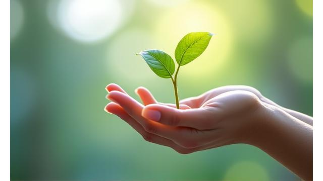 Hands holding a green sprout with a printer outline, symbolizing eco-friendly printing
