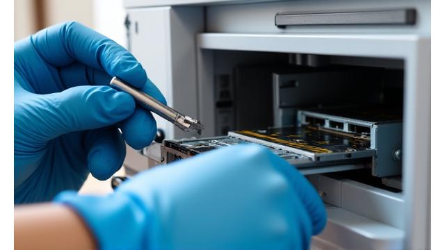 Technician working on a printer, representing maintenance