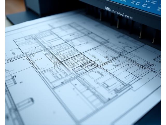 Detailed architectural blueprint being printed, high precision.