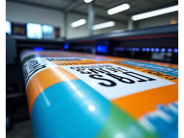 Vibrant trade show banner being printed on a large format printer.