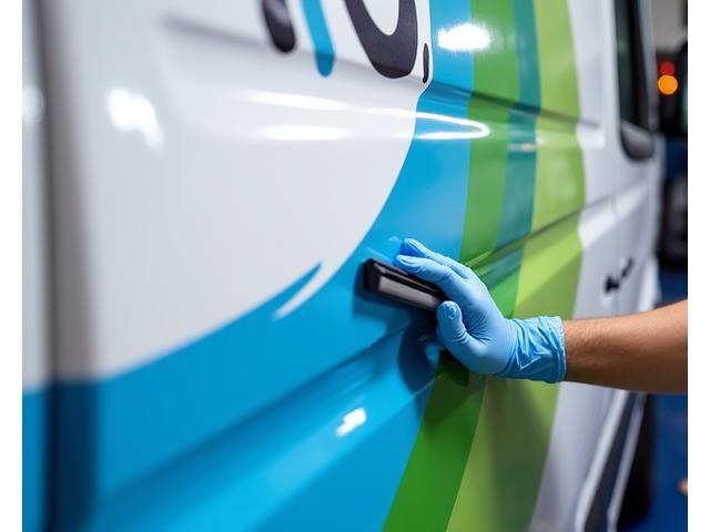 Professional vehicle wrap being applied, showcasing vibrant graphics.