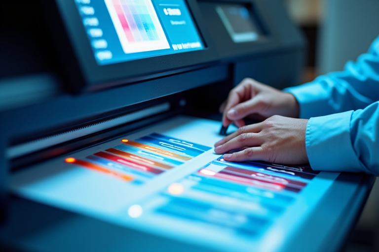 Technician calibrating a large format printer for color accuracy with specialized equipment.