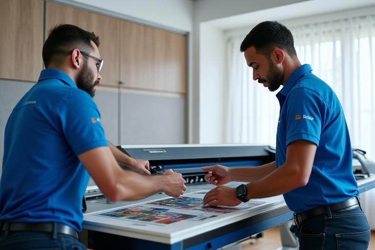 Technicians installing a large format printer in an office environment.