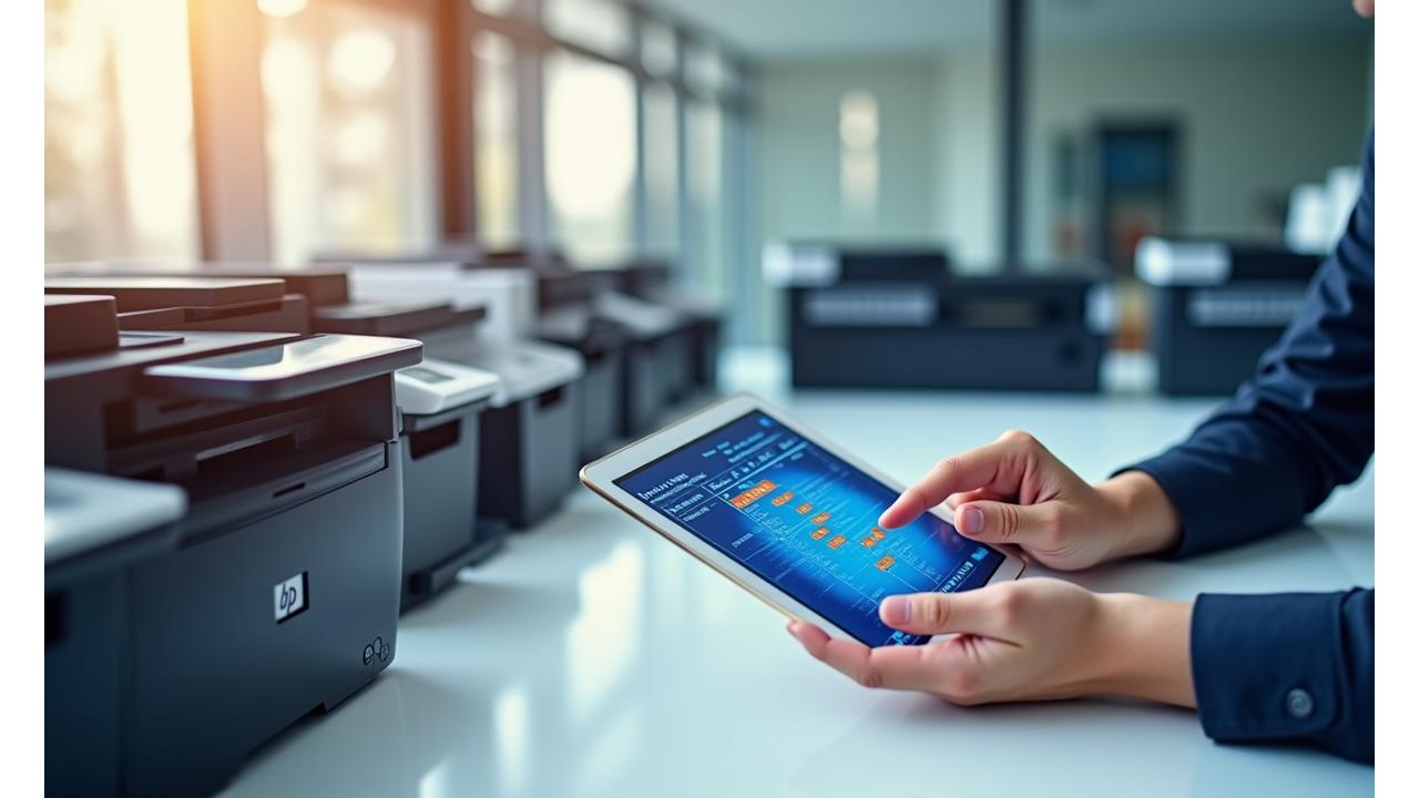 Diverse range of printers from HP, Canon, Samsung, Brother arranged in a modern office setting, representing comprehensive guidance.