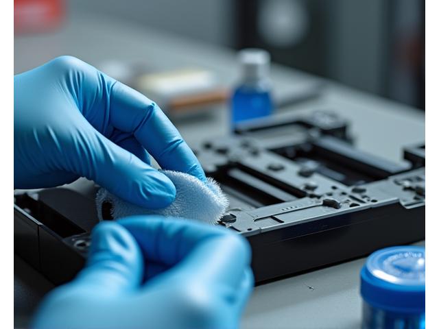 Close-up of a hand carefully wiping a printer's printhead with a cleaning cloth, symbolizing diligent maintenance.