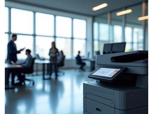 Modern office space with a high-capacity multifunction printer at its center, surrounded by busy professionals.