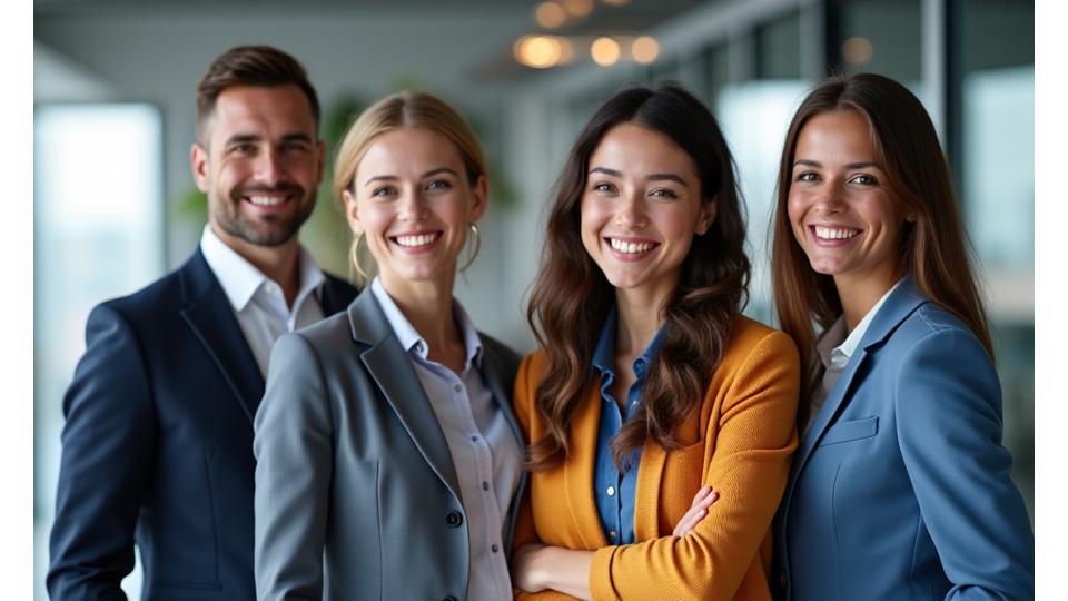 Group of diverse business professionals smiling, indicating satisfaction and partnership