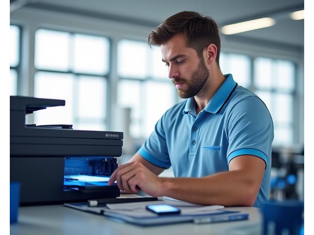 Technician working on a modern laser printer in an office setting