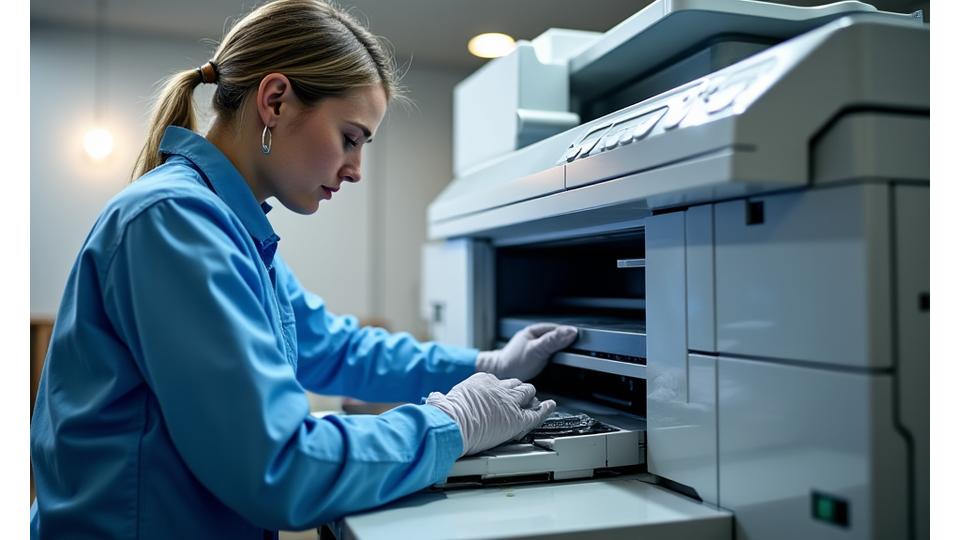 Technician performing preventative maintenance on a large office printer