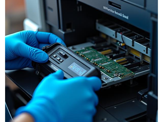 Close-up of a technician examining printer internal components with a diagnostic tool