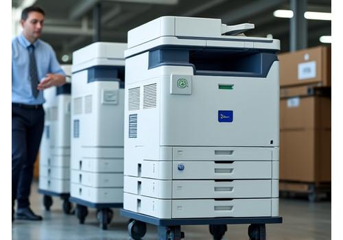 Stack of business-grade printers ready for pickup at an office environment.